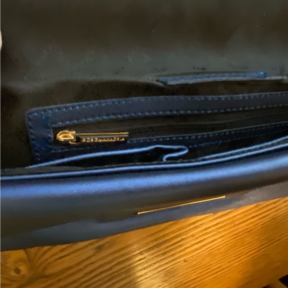 NWOT. BCBG Maxazria navy blue (shimmery look) clutch/shoulder strap handbag. - Picture 10 of 13